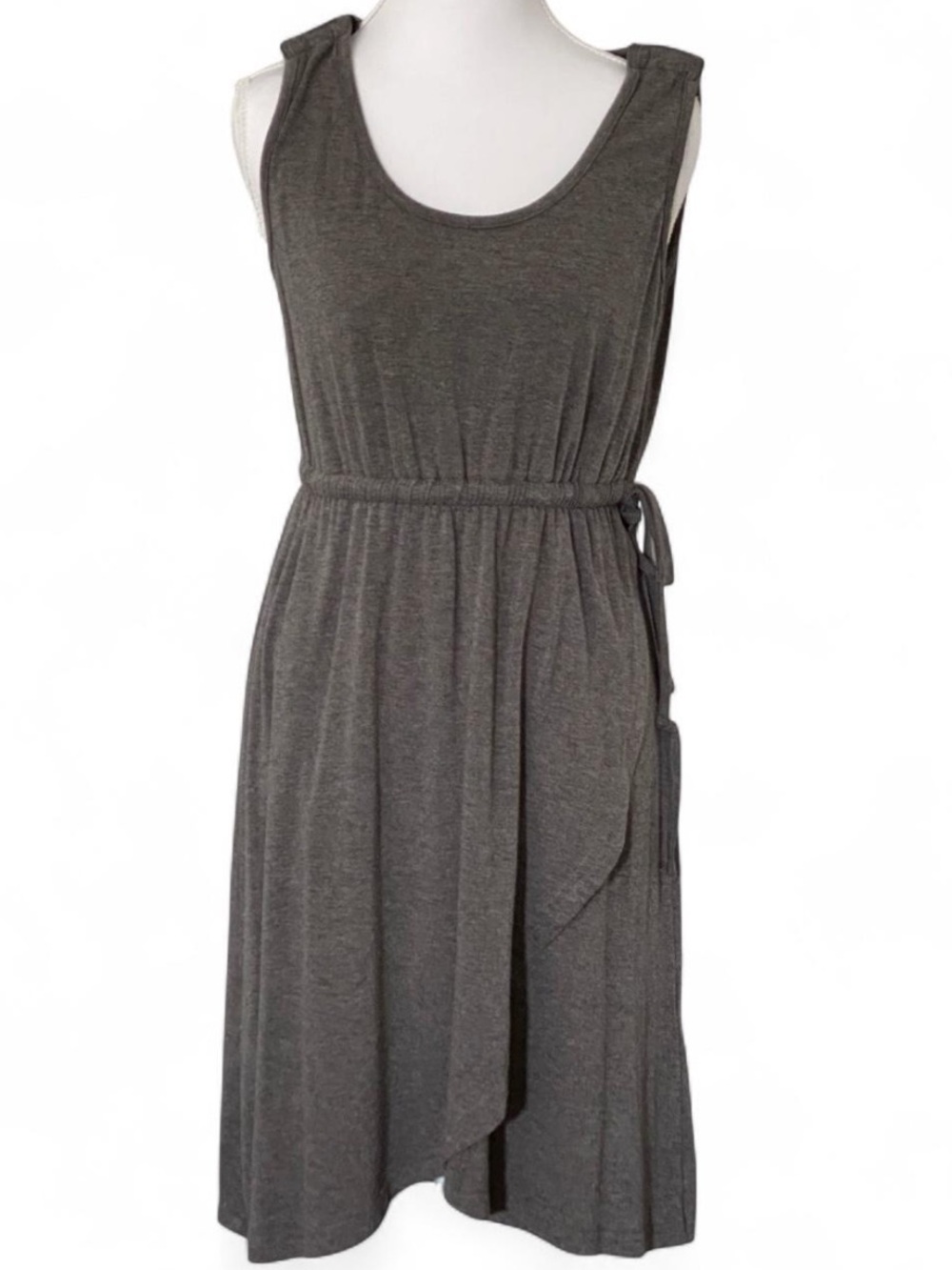 Sleeveless Grey Tie-Waist Midi Dress